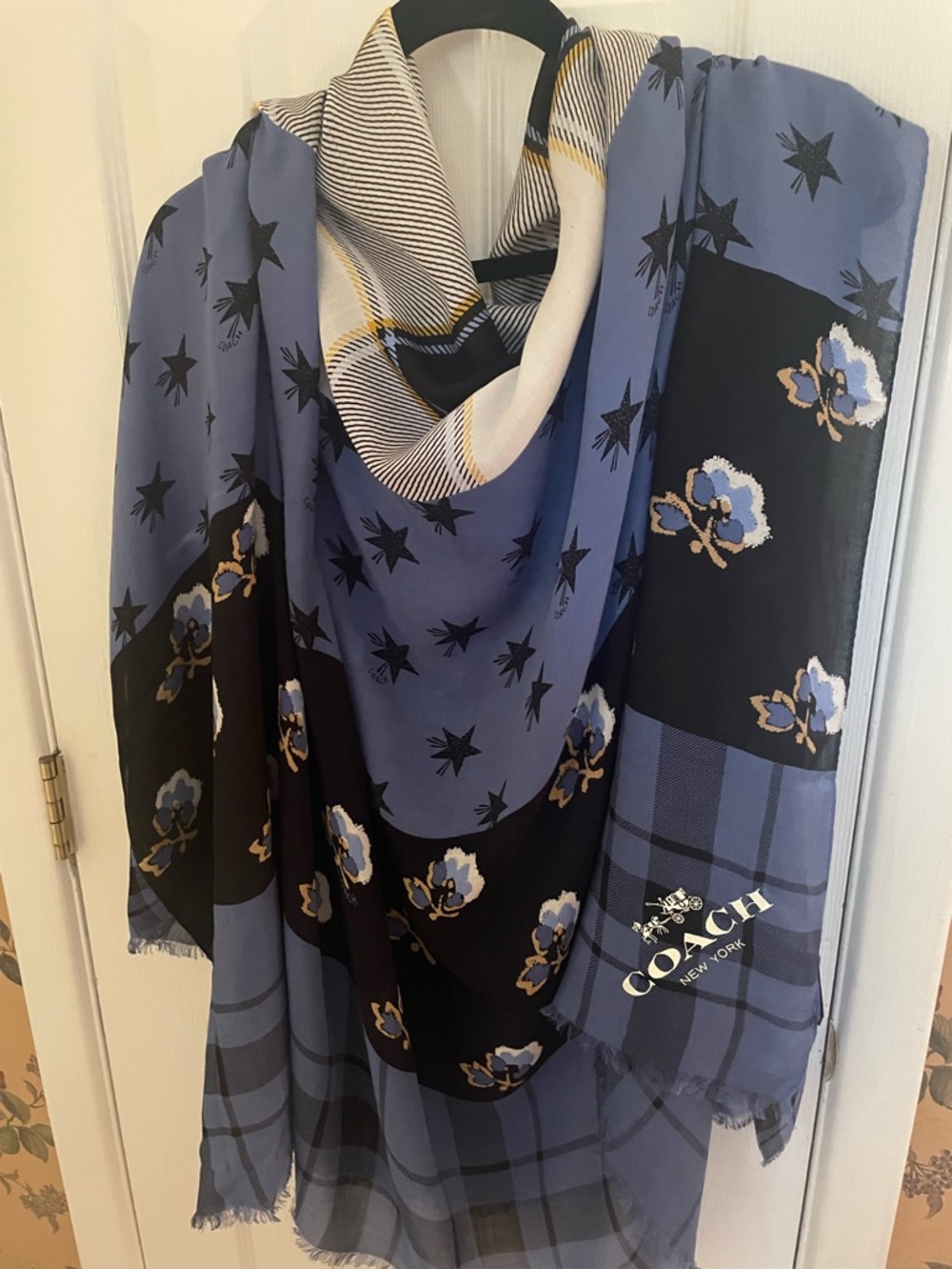 Coach (52x71inch) Blue and Black Plaid Logo Shawl with Cream Accents